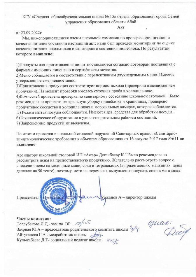 Акт проверки школьной столовой