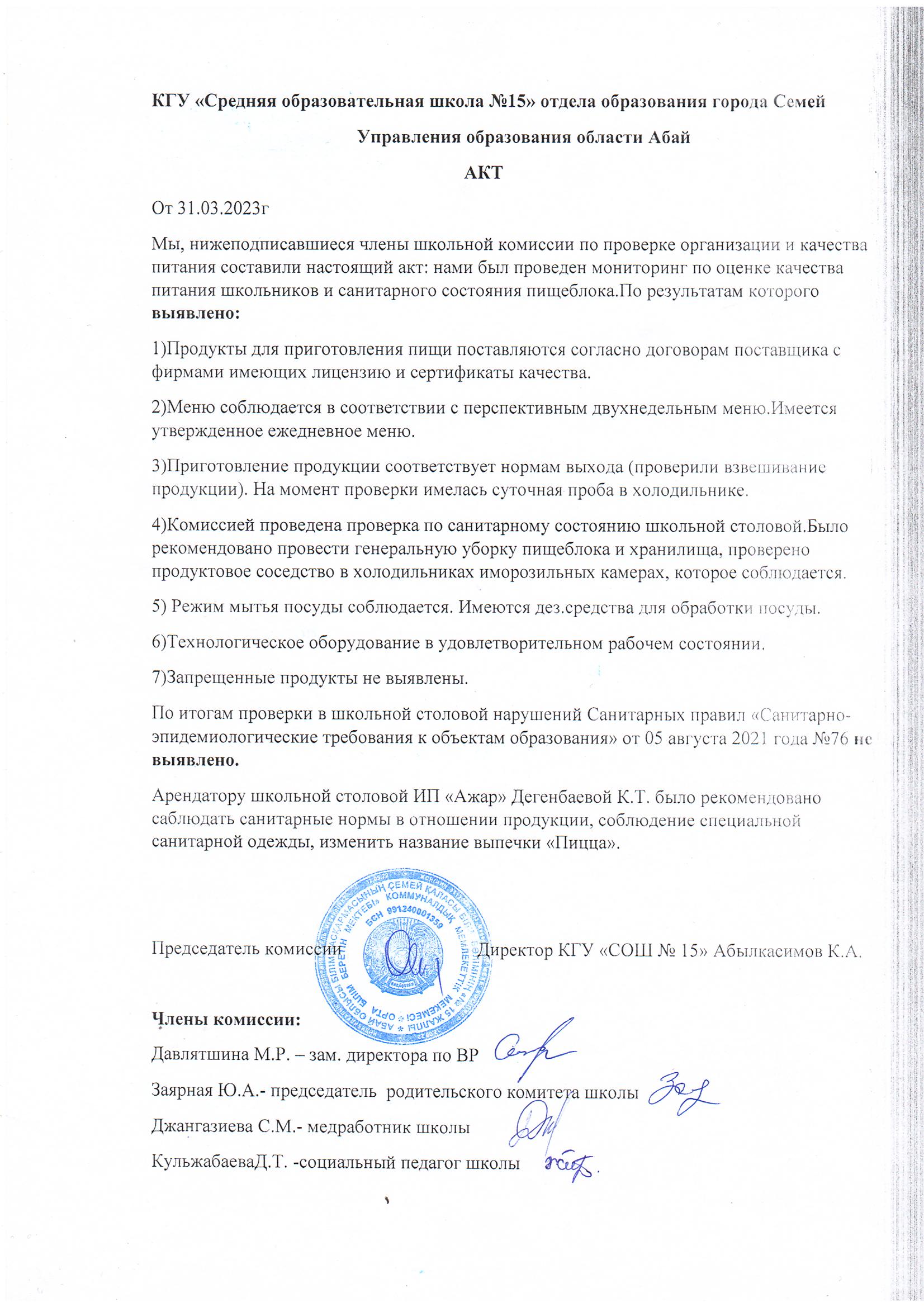 Акт по проверке организации и качества питания